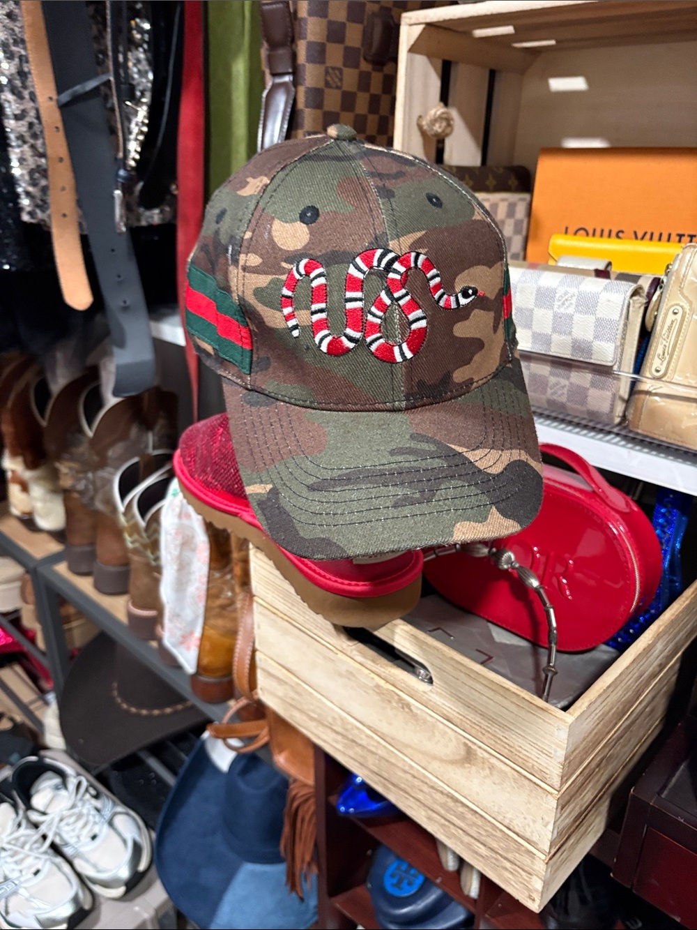 Gucci Women Camo Cap with Red-White Snake Patch and Green-Red Stripe